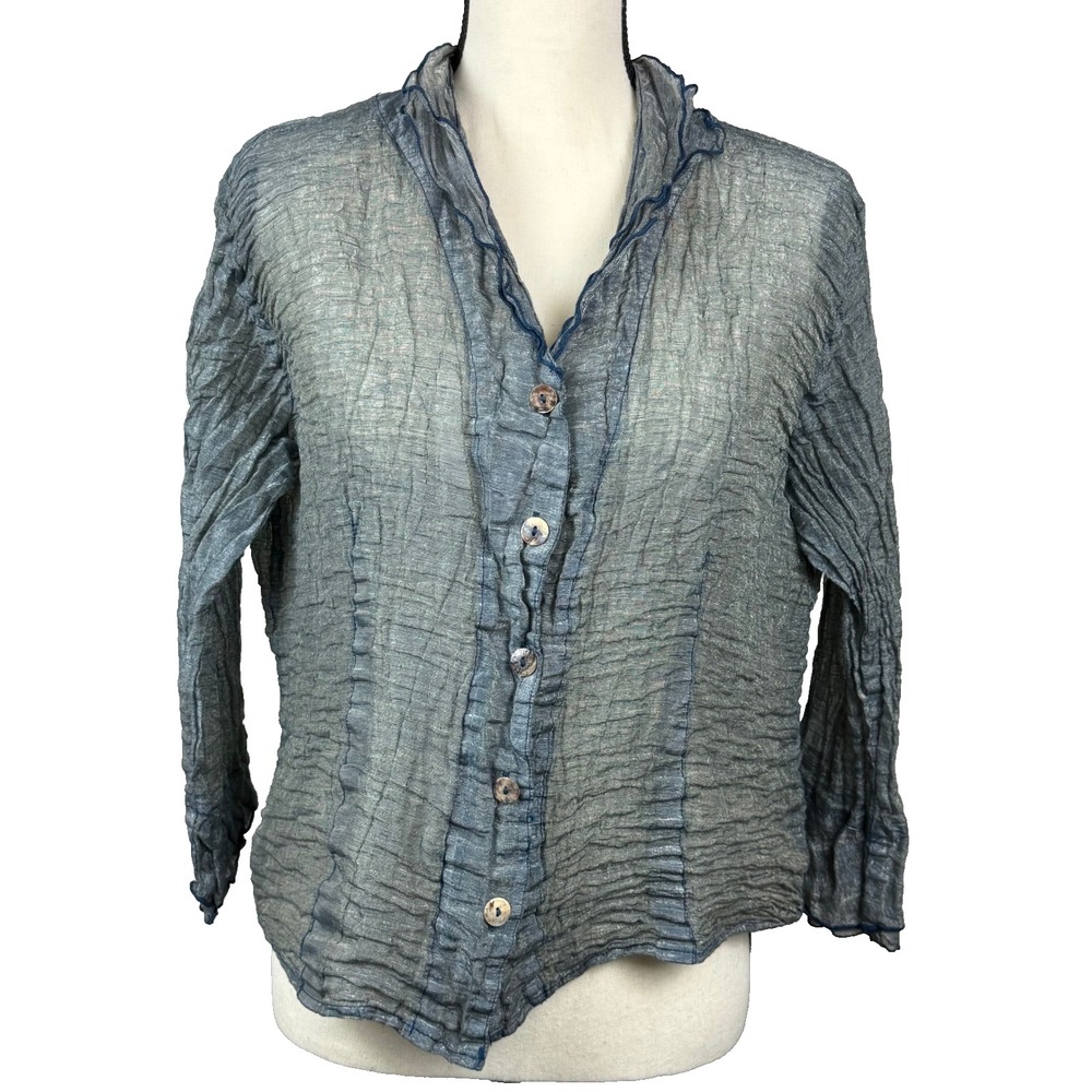Cut Loose Button Down Shirt Womens M Blue Crinkle Metallic Lagenlook Artsy